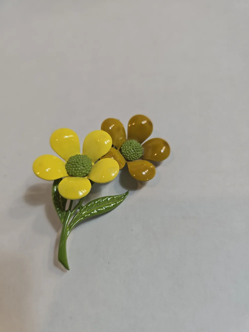 Yellow Two-Tone Floral Enamel Brooch Pin - Green Stem